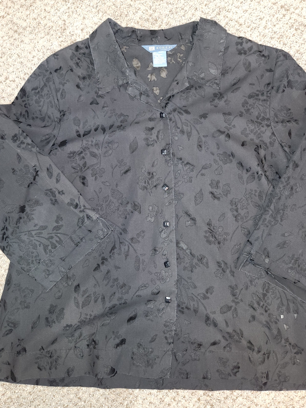 Koret Black Floral Sheer Button-Front Shirt 3/4 Sleeve-  Womens